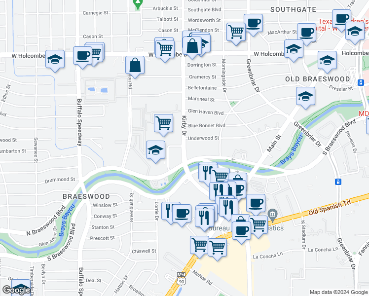 map of restaurants, bars, coffee shops, grocery stores, and more near 7575 Kirby Drive in Houston