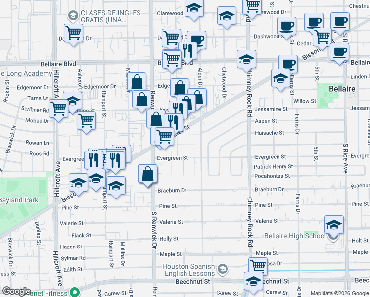 map of restaurants, bars, coffee shops, grocery stores, and more near 5700 Evergreen Street in Bellaire