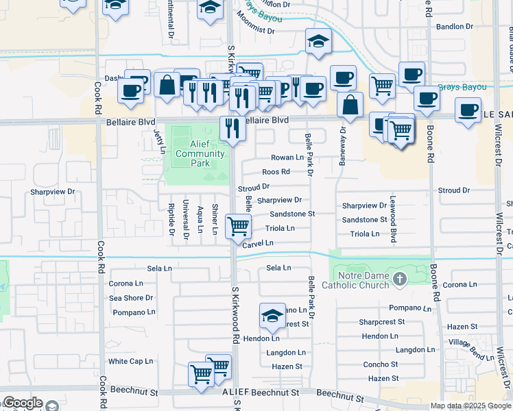 map of restaurants, bars, coffee shops, grocery stores, and more near 11802 Sandstone Street in Houston