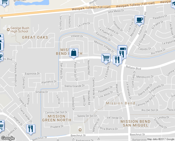 map of restaurants, bars, coffee shops, grocery stores, and more near 16122 Espinosa Drive in Houston