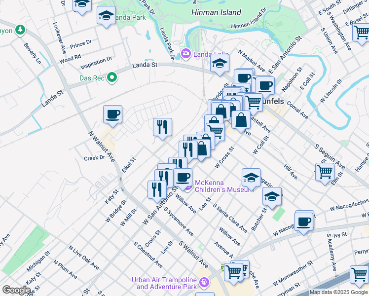 map of restaurants, bars, coffee shops, grocery stores, and more near 663 West Mill Street in New Braunfels