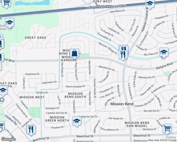 map of restaurants, bars, coffee shops, grocery stores, and more near 16122 Espinosa Drive in Houston