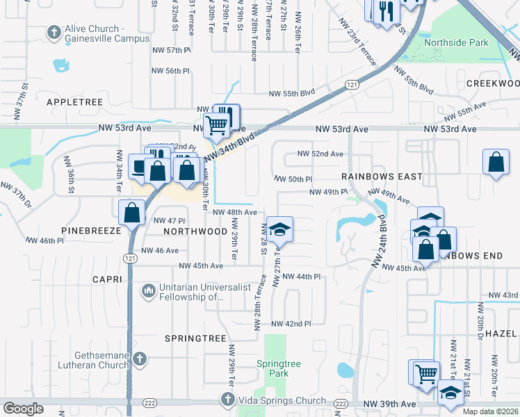 map of restaurants, bars, coffee shops, grocery stores, and more near 2808 Northwest 48th Avenue in Gainesville