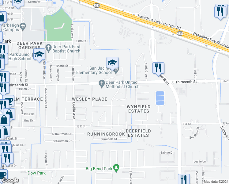 map of restaurants, bars, coffee shops, grocery stores, and more near 1406 Asbury Lane in Deer Park