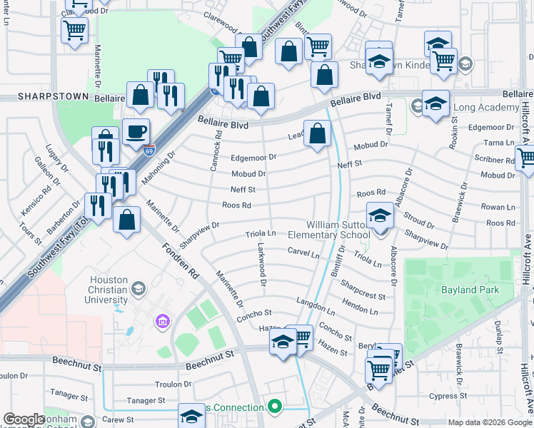 map of restaurants, bars, coffee shops, grocery stores, and more near 7030 Triola Lane in Houston