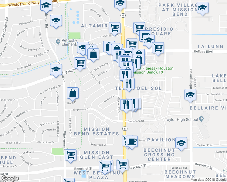 map of restaurants, bars, coffee shops, grocery stores, and more near 7219 Rancho Mission Drive in Houston