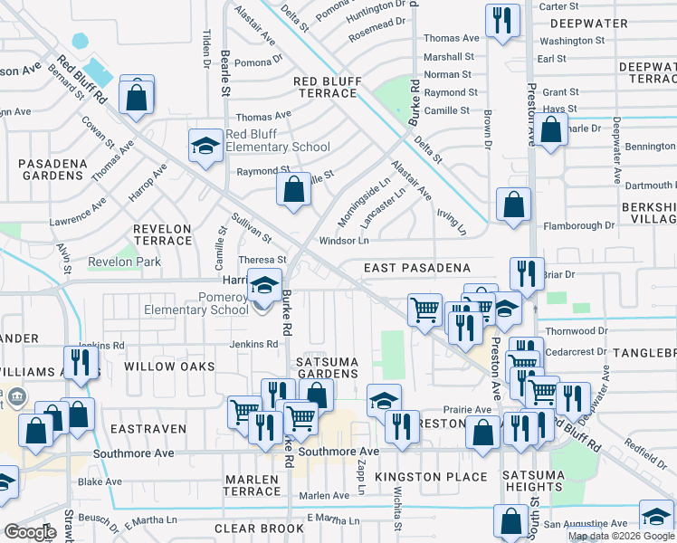 map of restaurants, bars, coffee shops, grocery stores, and more near 12 East Harris Road in Pasadena