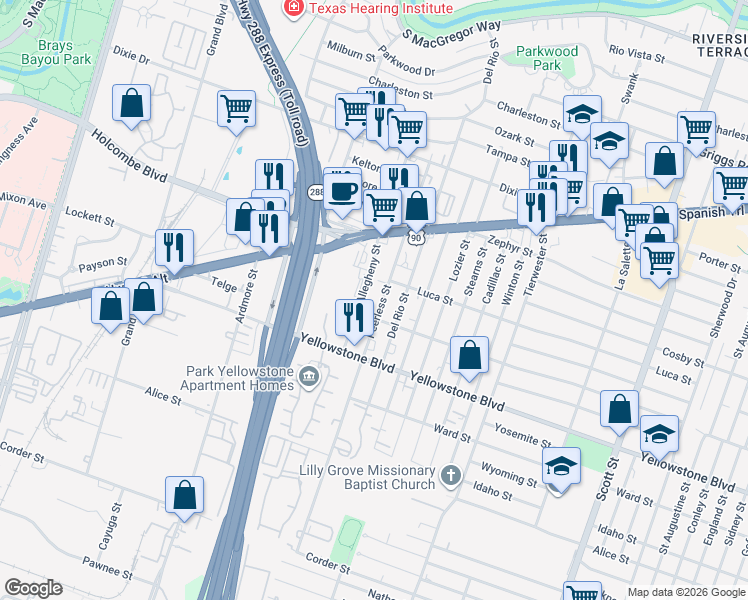 map of restaurants, bars, coffee shops, grocery stores, and more near 6753 Peerless Street in Houston