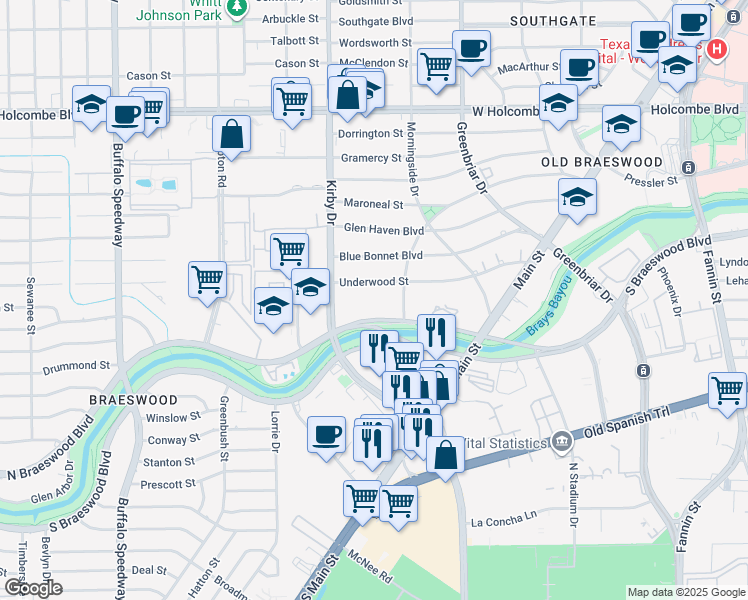 map of restaurants, bars, coffee shops, grocery stores, and more near 2400 North Braeswood Boulevard in Houston