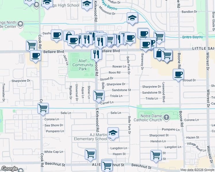 map of restaurants, bars, coffee shops, grocery stores, and more near 11802 Sandstone Street in Houston
