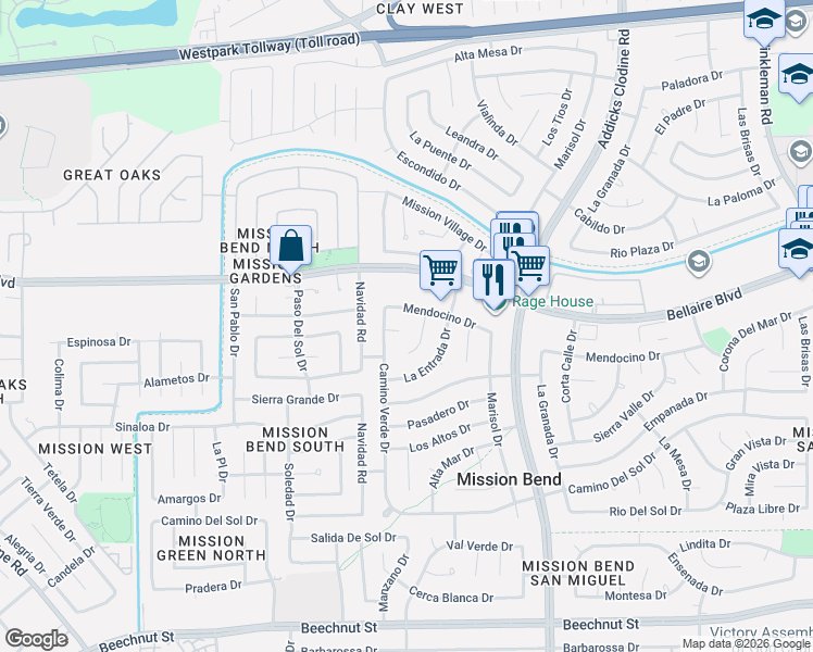 map of restaurants, bars, coffee shops, grocery stores, and more near 7122 Siena Vista Drive in Houston