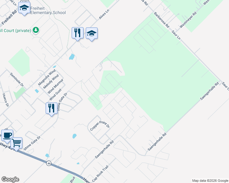 map of restaurants, bars, coffee shops, grocery stores, and more near 505 Sand Trail Street in New Braunfels