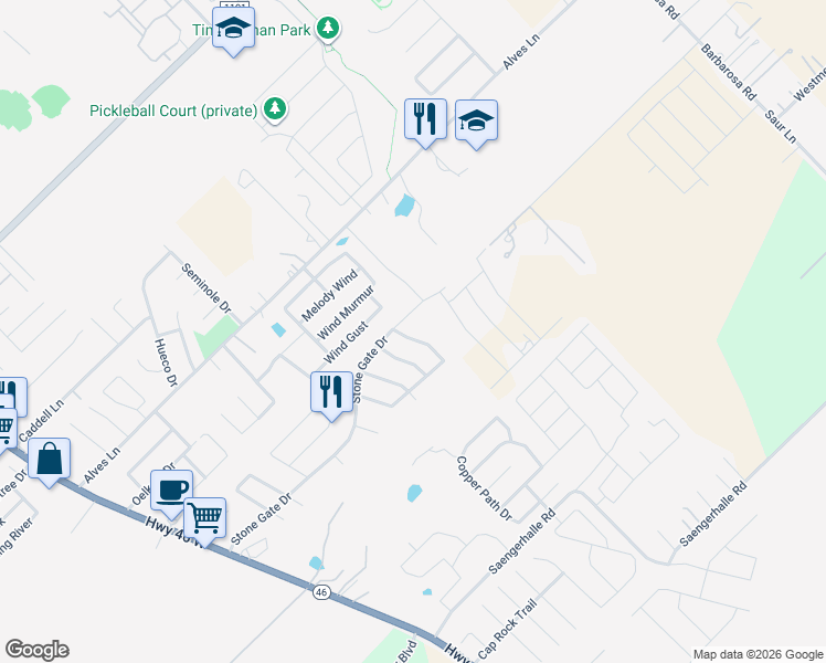 map of restaurants, bars, coffee shops, grocery stores, and more near 1117 Stone Bluff in New Braunfels