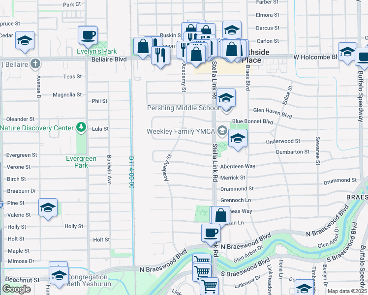 map of restaurants, bars, coffee shops, grocery stores, and more near 4050 Dumbarton Street in Houston