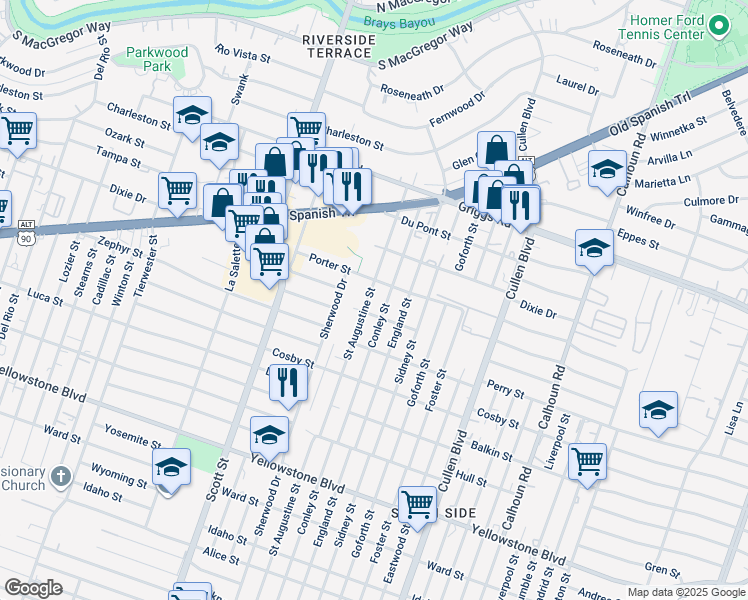 map of restaurants, bars, coffee shops, grocery stores, and more near 6119 Saint Augustine Street in Houston