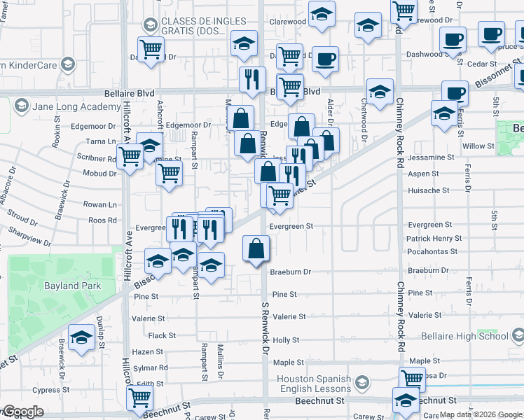 map of restaurants, bars, coffee shops, grocery stores, and more near Bissonnet Street & Renwick Drive in Houston