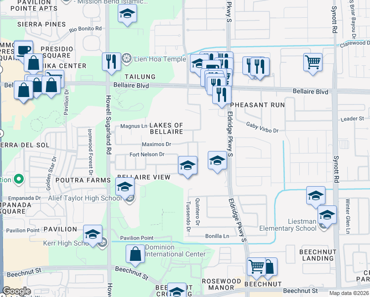 map of restaurants, bars, coffee shops, grocery stores, and more near 7211 Glacier Creek Lane in Houston