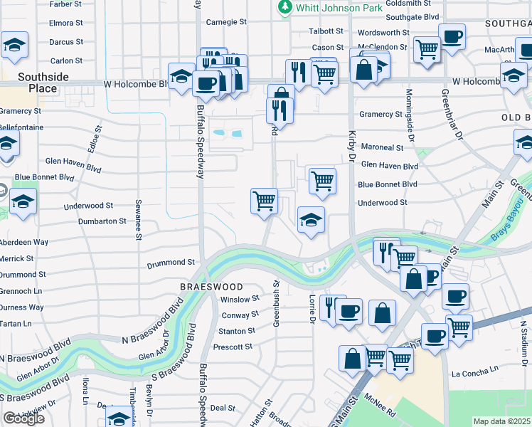 map of restaurants, bars, coffee shops, grocery stores, and more near 7500 Brompton Road in Houston