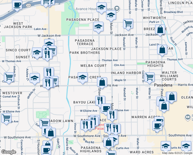 map of restaurants, bars, coffee shops, grocery stores, and more near 257 Crescent Drive in Pasadena