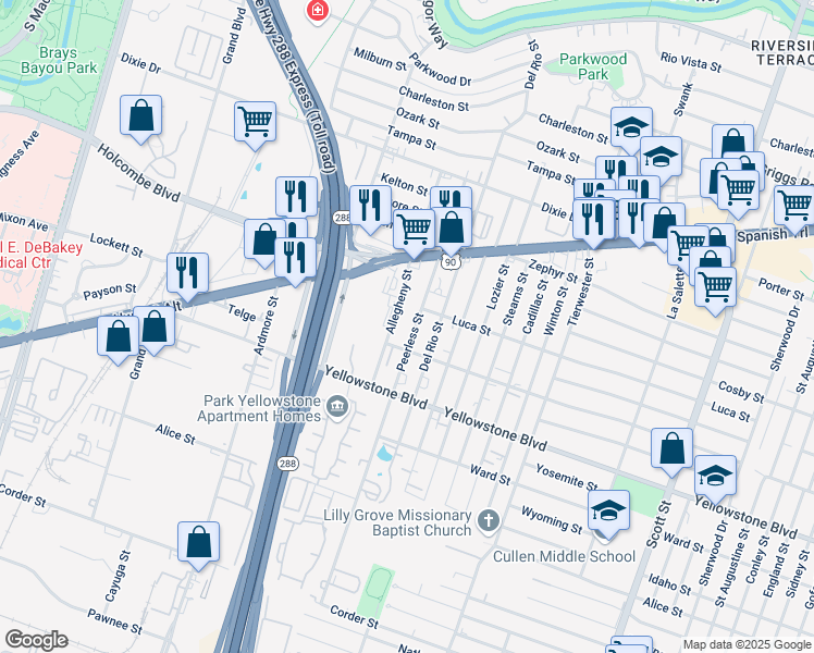 map of restaurants, bars, coffee shops, grocery stores, and more near 6753 Peerless Street in Houston