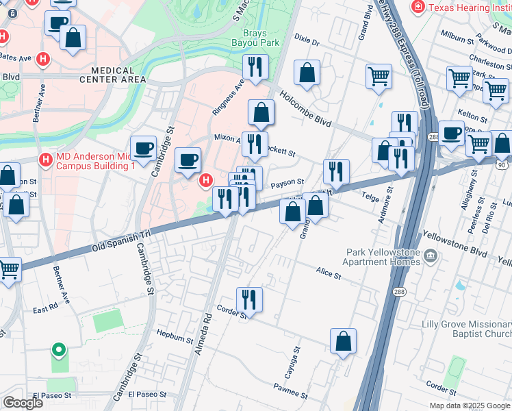 map of restaurants, bars, coffee shops, grocery stores, and more near 2828 Old Spanish Trail in Houston