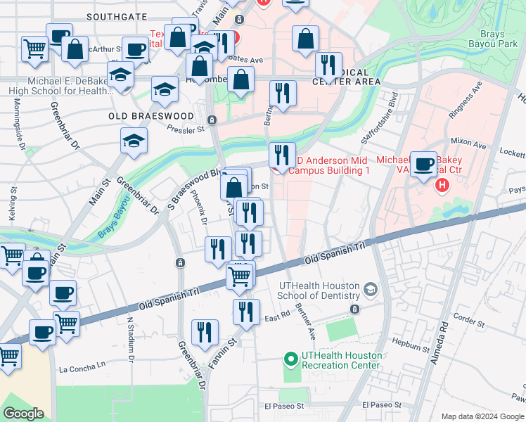 map of restaurants, bars, coffee shops, grocery stores, and more near 1111 Swanson Street in Houston