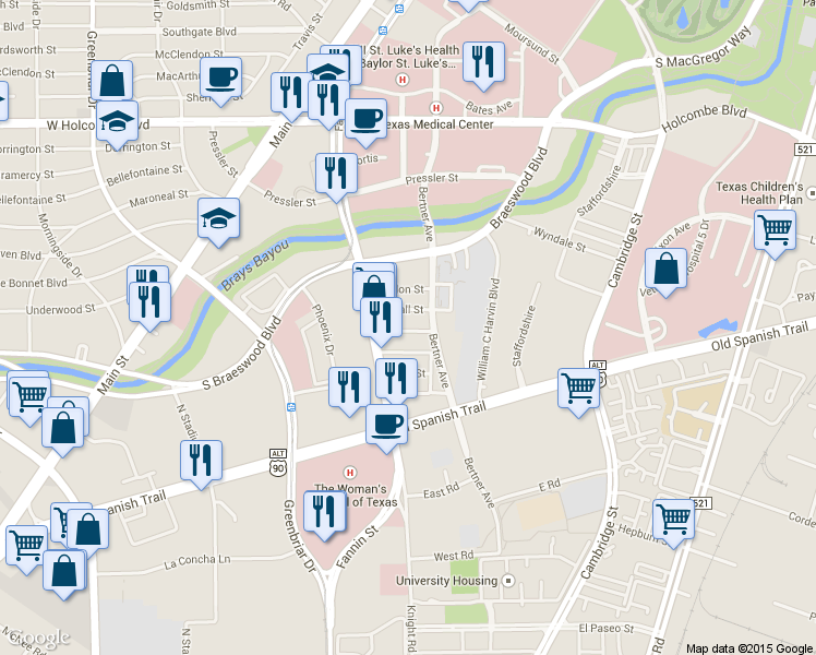 map of restaurants, bars, coffee shops, grocery stores, and more near 1111 Swanson Street in Houston