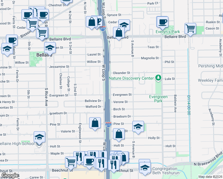 map of restaurants, bars, coffee shops, grocery stores, and more near 4637 Evergreen Street in Bellaire