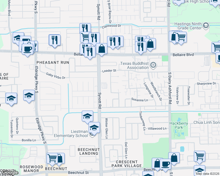 map of restaurants, bars, coffee shops, grocery stores, and more near 13142 Woodvine Trail in Houston