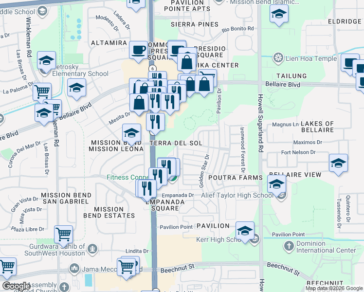map of restaurants, bars, coffee shops, grocery stores, and more near 7306 Autumn Sun Drive in Houston