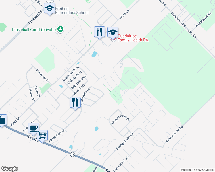map of restaurants, bars, coffee shops, grocery stores, and more near 1273 Stone Branch in New Braunfels