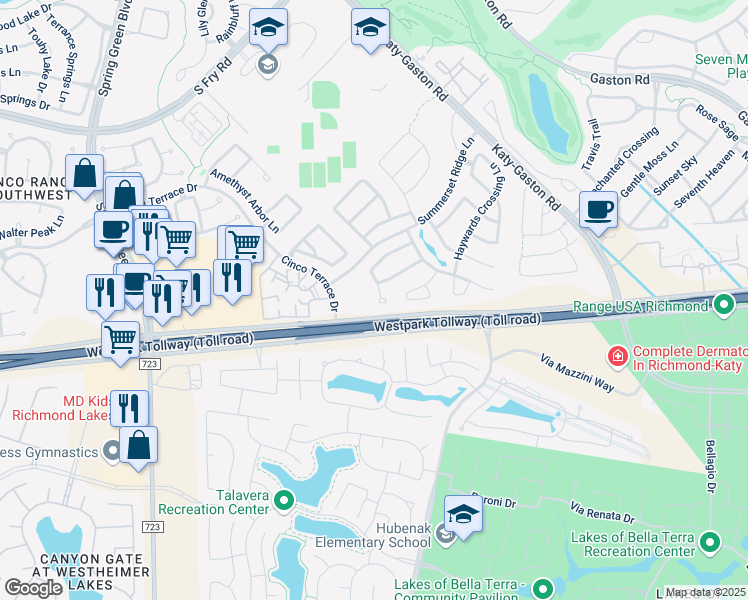 map of restaurants, bars, coffee shops, grocery stores, and more near 6342 Alpine Trail Lane in Katy