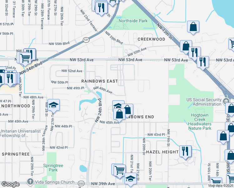 map of restaurants, bars, coffee shops, grocery stores, and more near 2219 Northwest 49th Avenue in Gainesville