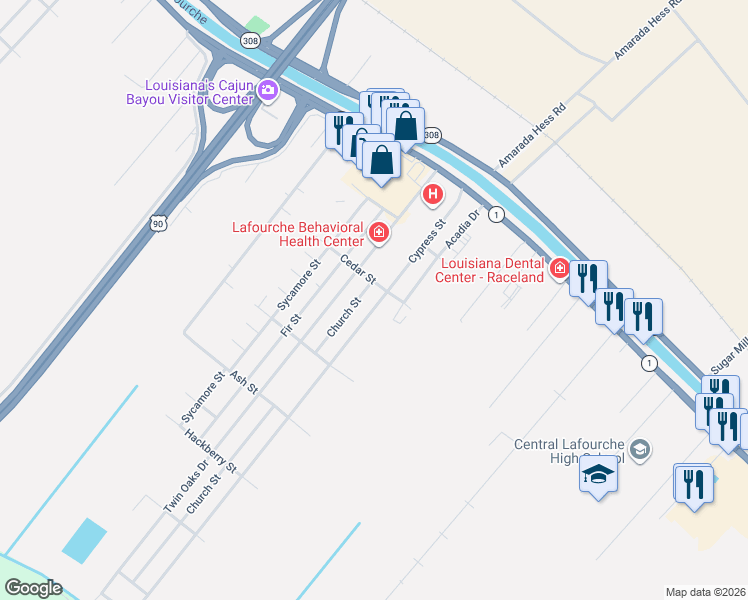 map of restaurants, bars, coffee shops, grocery stores, and more near 238 Cypress Street in Raceland