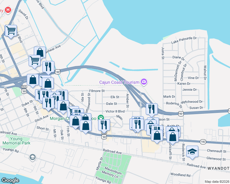 map of restaurants, bars, coffee shops, grocery stores, and more near 1700-1832 Elk Street in Morgan City