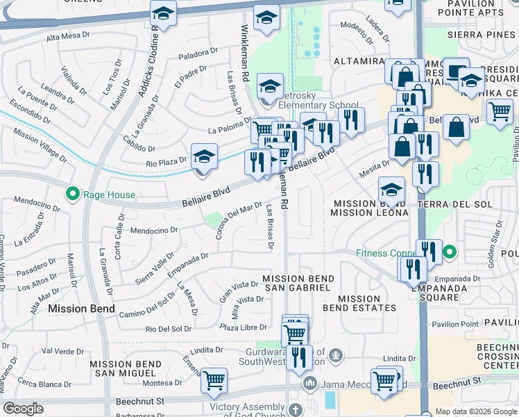 map of restaurants, bars, coffee shops, grocery stores, and more near 7118 Las Brisas Drive in Houston