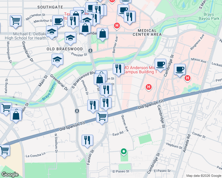 map of restaurants, bars, coffee shops, grocery stores, and more near 1117 Saint Agnes Street in Houston