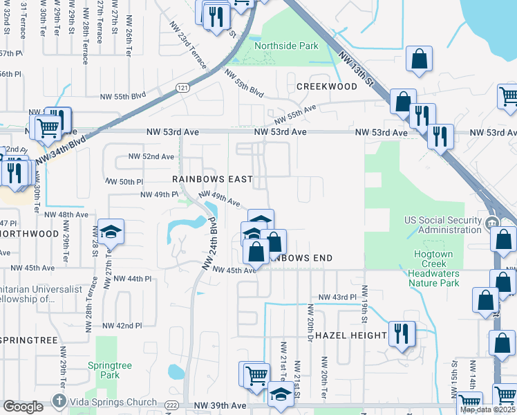 map of restaurants, bars, coffee shops, grocery stores, and more near 2196 Northwest 49th Avenue in Gainesville