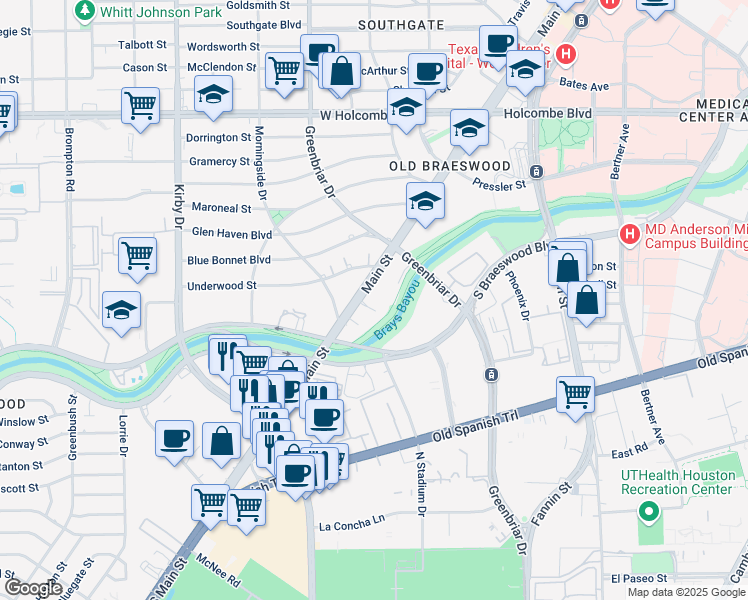 map of restaurants, bars, coffee shops, grocery stores, and more near 7515 Main street in Houston
