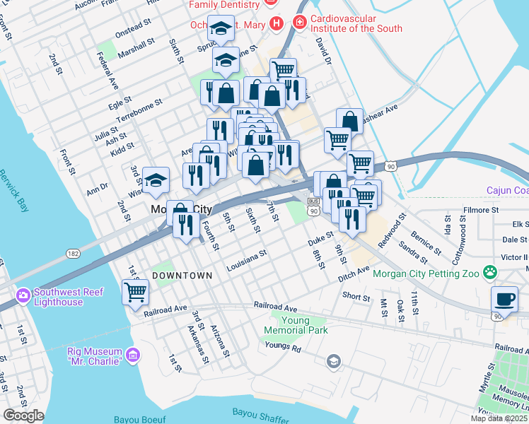 map of restaurants, bars, coffee shops, grocery stores, and more near 740-798 7th Street in Morgan City