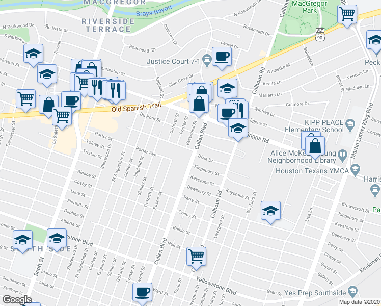 map of restaurants, bars, coffee shops, grocery stores, and more near 4300 Dixie Drive in Houston