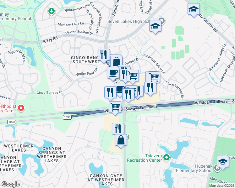 map of restaurants, bars, coffee shops, grocery stores, and more near 9423 Spring Green Boulevard in Katy
