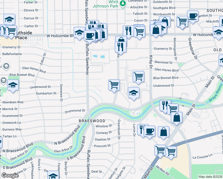 map of restaurants, bars, coffee shops, grocery stores, and more near 7510 Brompton Road in Houston