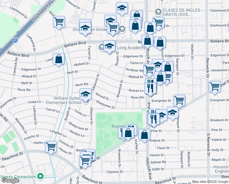 map of restaurants, bars, coffee shops, grocery stores, and more near 6510 Rowan Lane in Houston
