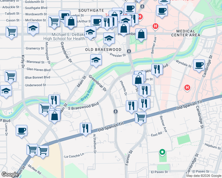 map of restaurants, bars, coffee shops, grocery stores, and more near 1965 South Braeswood Boulevard in Houston