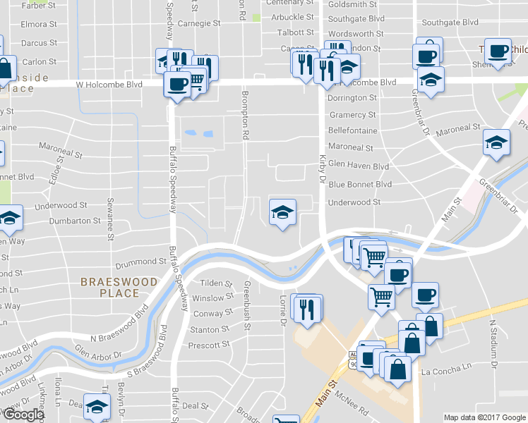 map of restaurants, bars, coffee shops, grocery stores, and more near 7527 Brompton Road in Houston