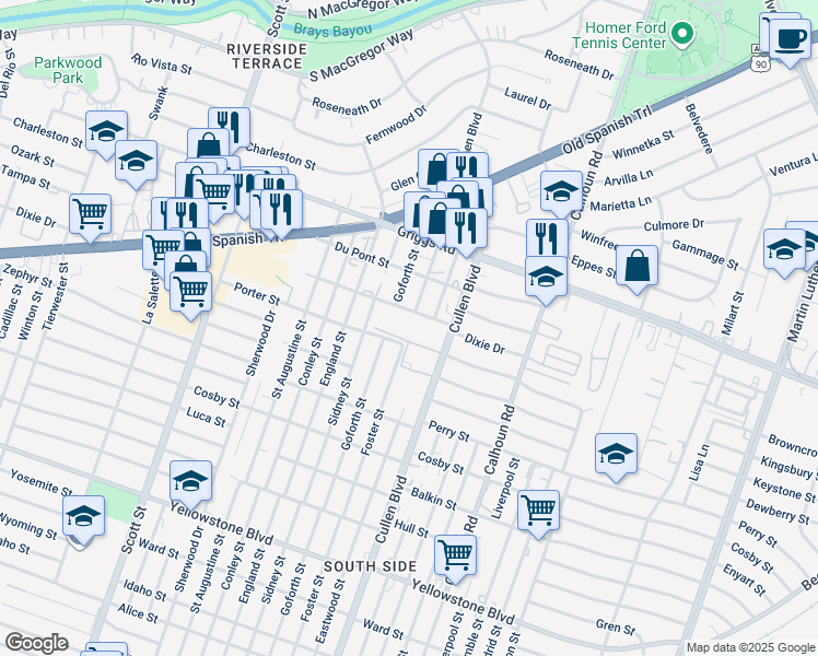 map of restaurants, bars, coffee shops, grocery stores, and more near 5931 Goforth Street in Houston