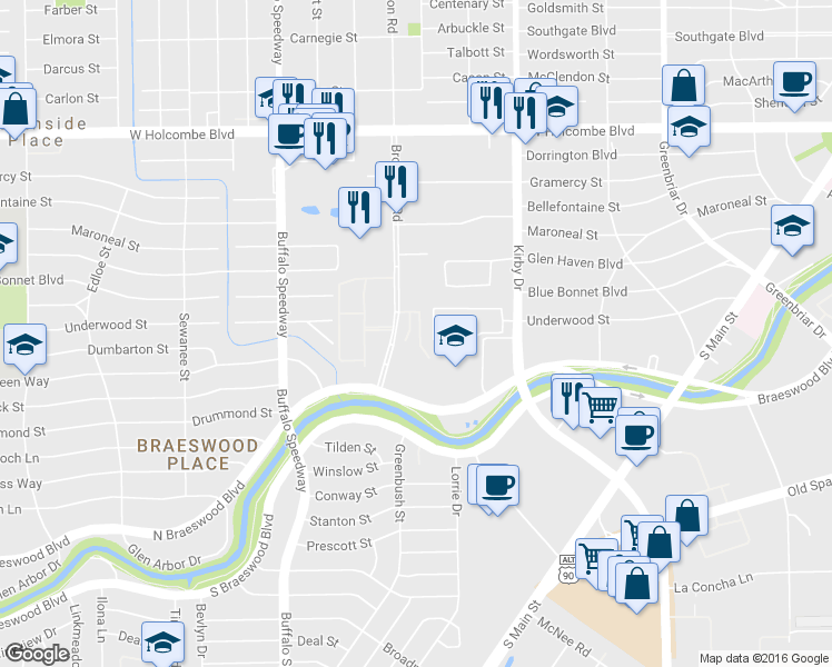map of restaurants, bars, coffee shops, grocery stores, and more near 7527 Brompton Road in Houston