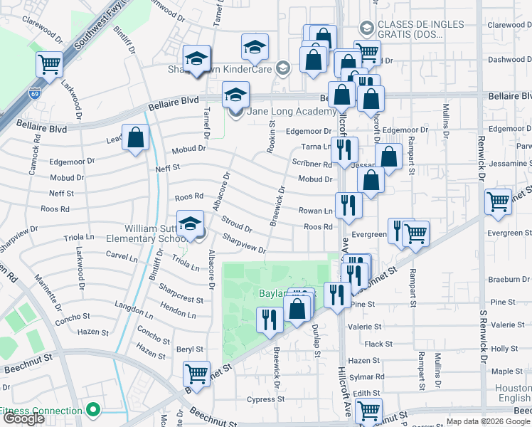 map of restaurants, bars, coffee shops, grocery stores, and more near 6510 Rowan Lane in Houston