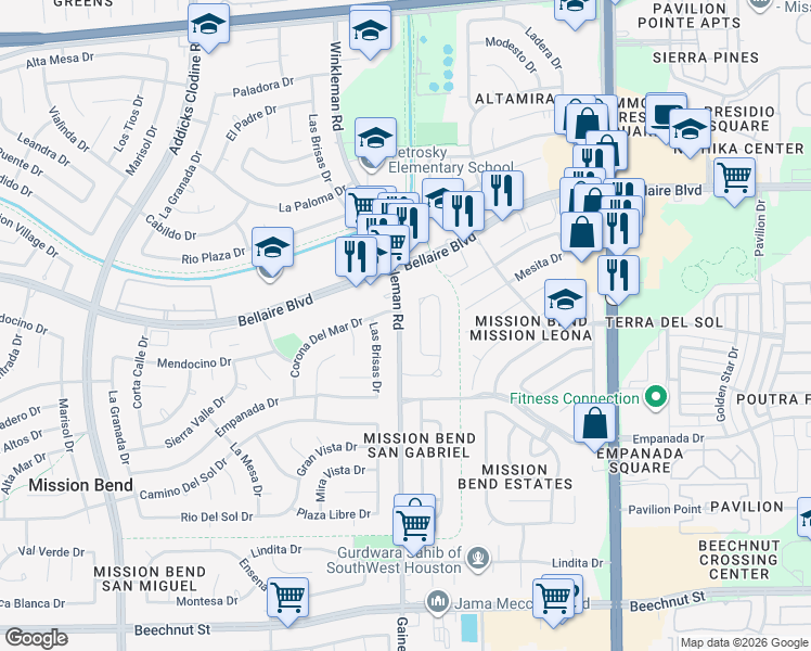 map of restaurants, bars, coffee shops, grocery stores, and more near 7035 Winkleman Road in Houston